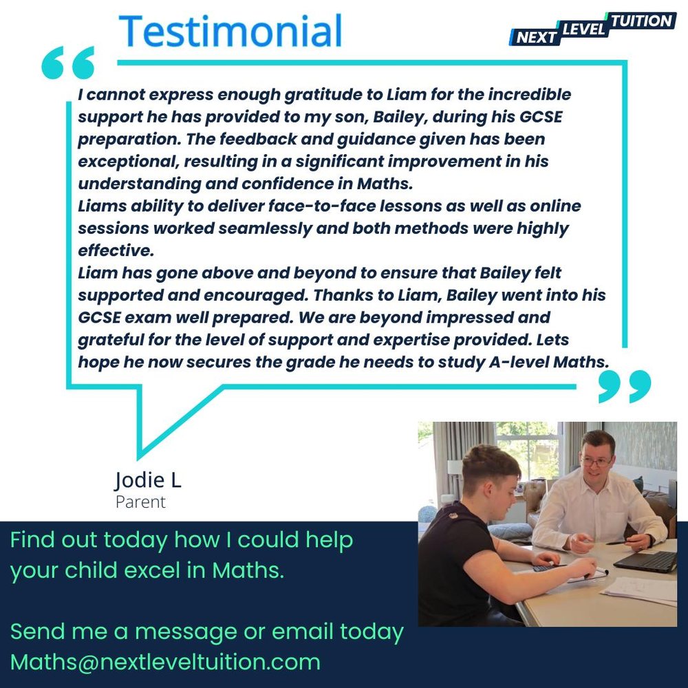 Parent testimonial from Jodie L about Liam’s GCSE Maths support for her son Bailey